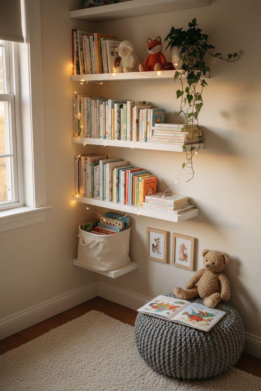 Nursery Bookshelf with fairy lights and cozy reading setup