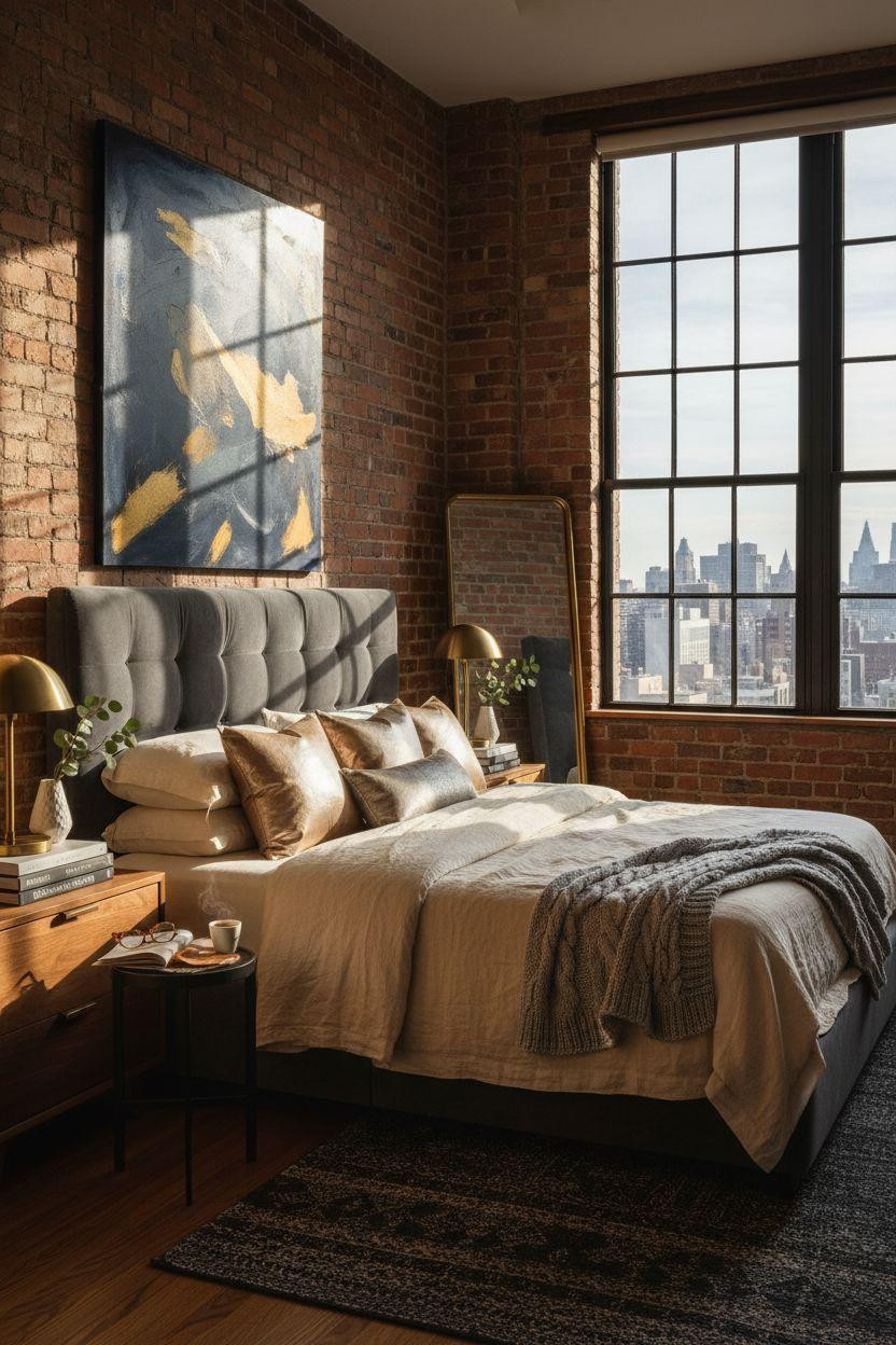 Nyc Bedroom Ideas - industrial loft bedroom with brass mirror and charcoal velvet