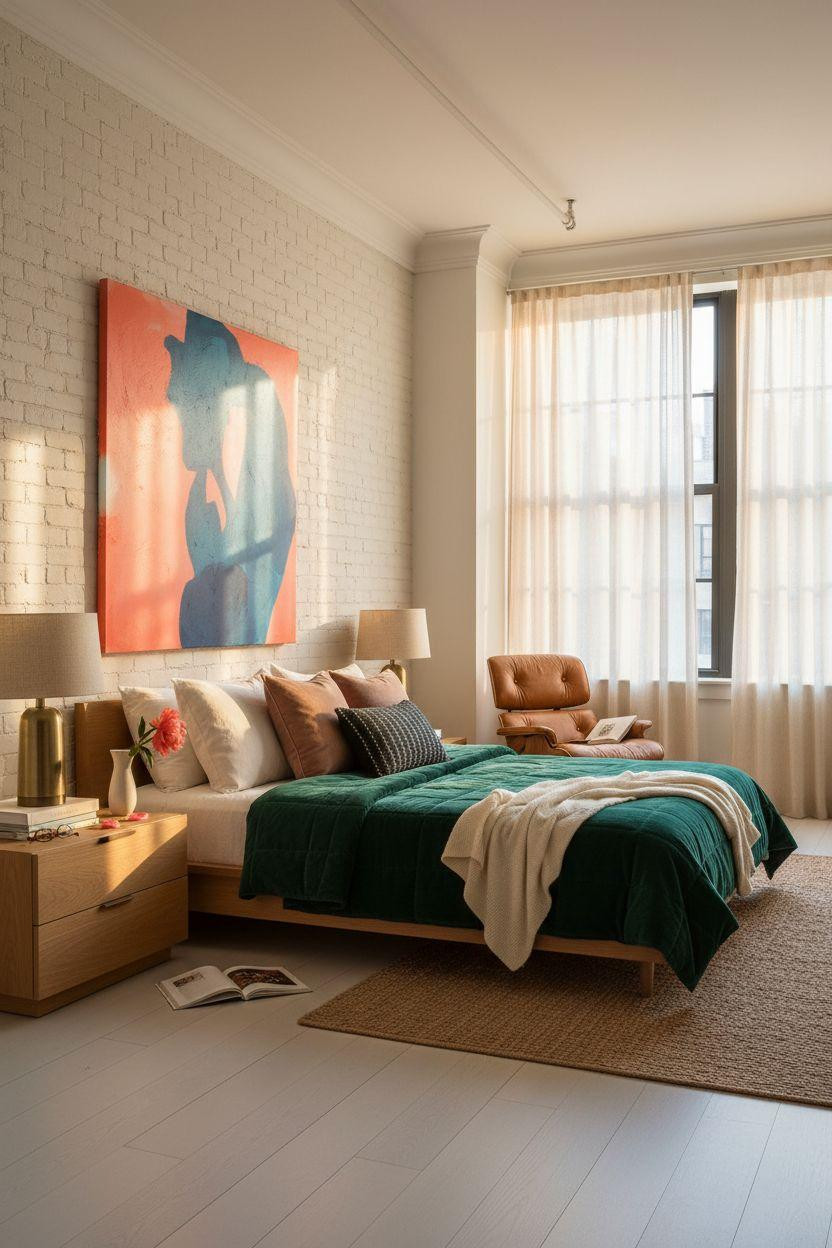 Nyc Bedroom Ideas - colorful bedroom with emerald velvet and coral pink accents