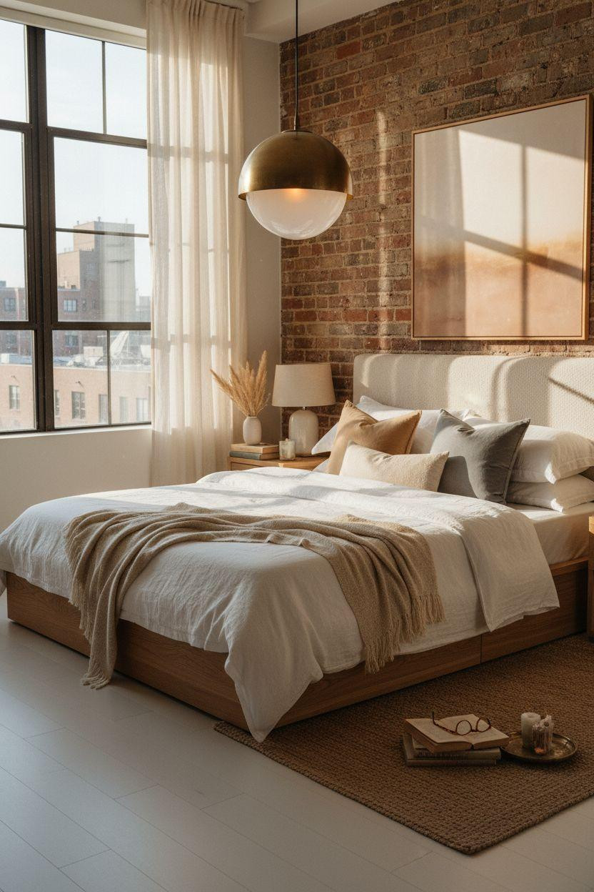 Nyc Bedroom Ideas - Scandinavian bedroom with exposed brick and natural light