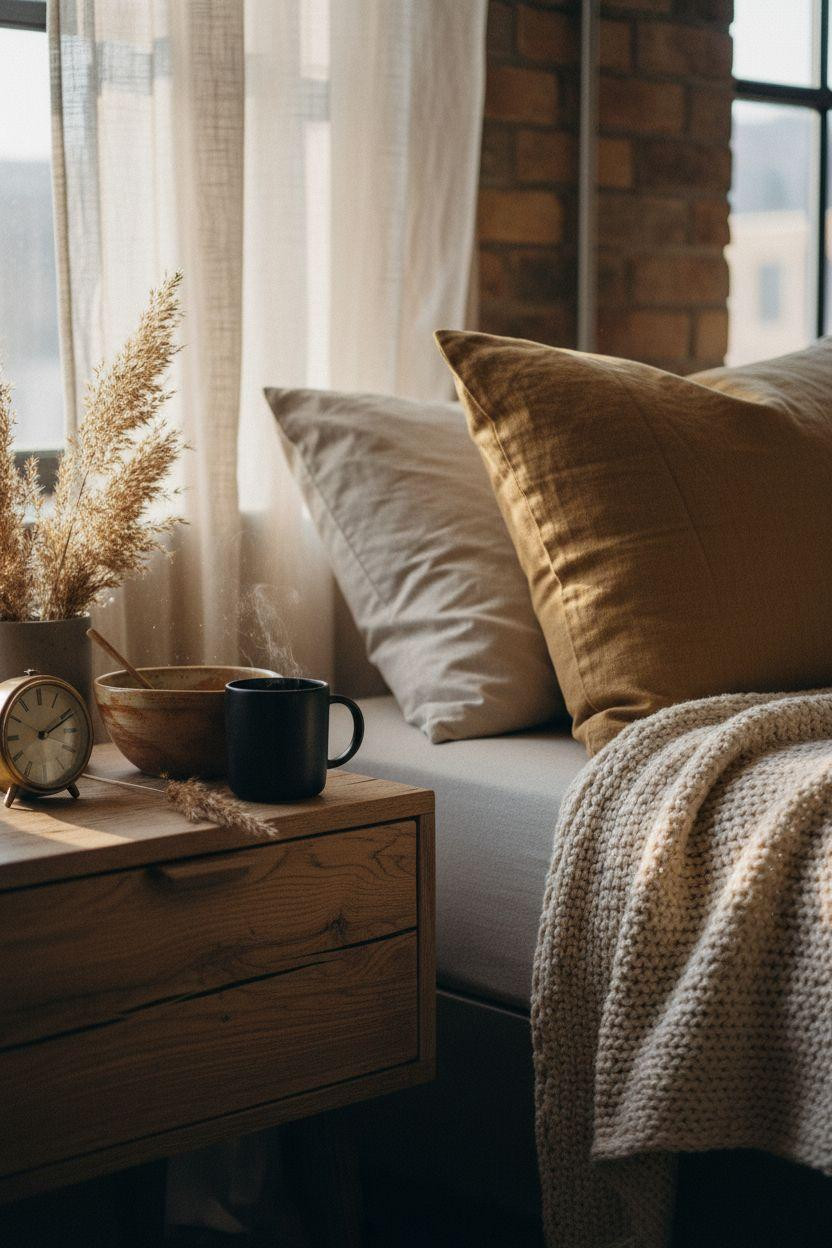 Nyc Bedroom Ideas - close-up of natural textures and morning coffee setup