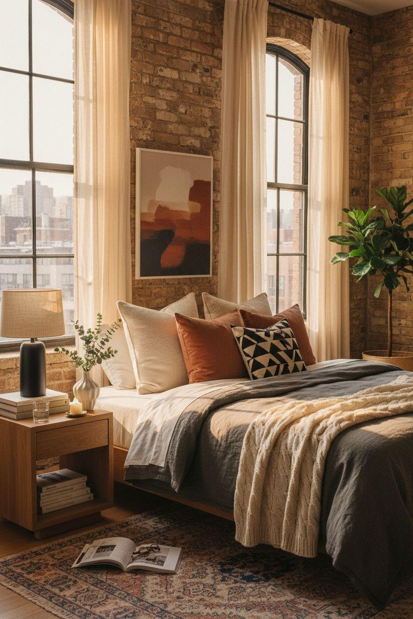 Nyc Bedroom Ideas - charcoal gray bedroom with geometric pillows and natural light