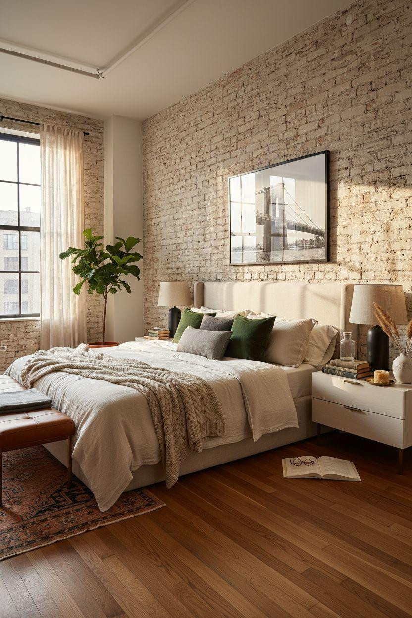 Nyc Bedroom Ideas - sophisticated loft bedroom with leather bench and forest green