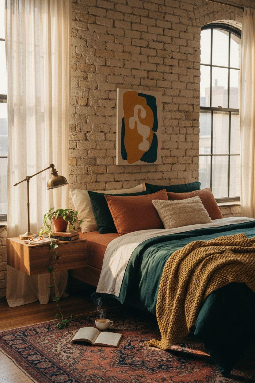 Nyc Bedroom Ideas - colorful bedroom with deep green velvet and warm accents