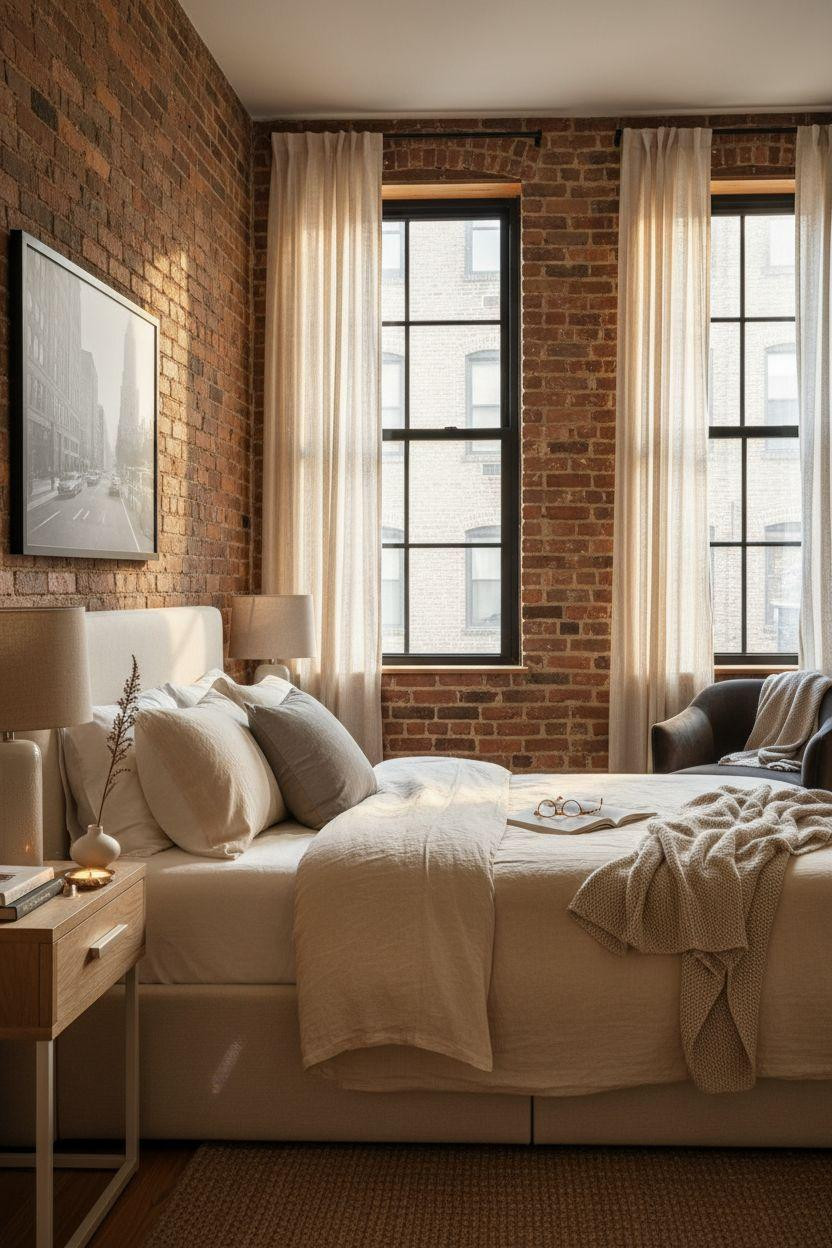 Nyc Bedroom Ideas - cozy bedroom with exposed brick and natural textiles