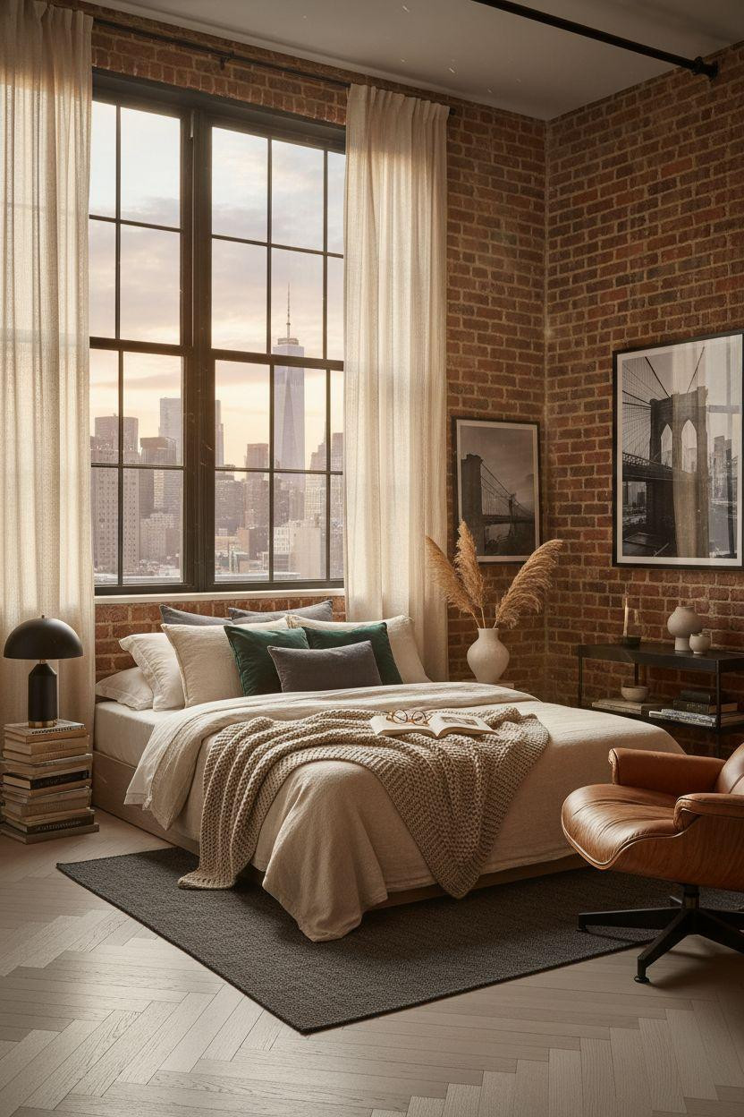 Nyc Bedroom Ideas - bedroom with skyline views and rich emerald bedding