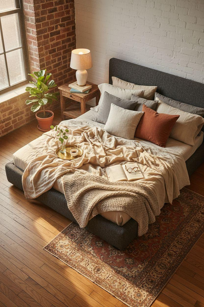 Nyc Bedroom Ideas - overhead view of bed with layered textures and natural light