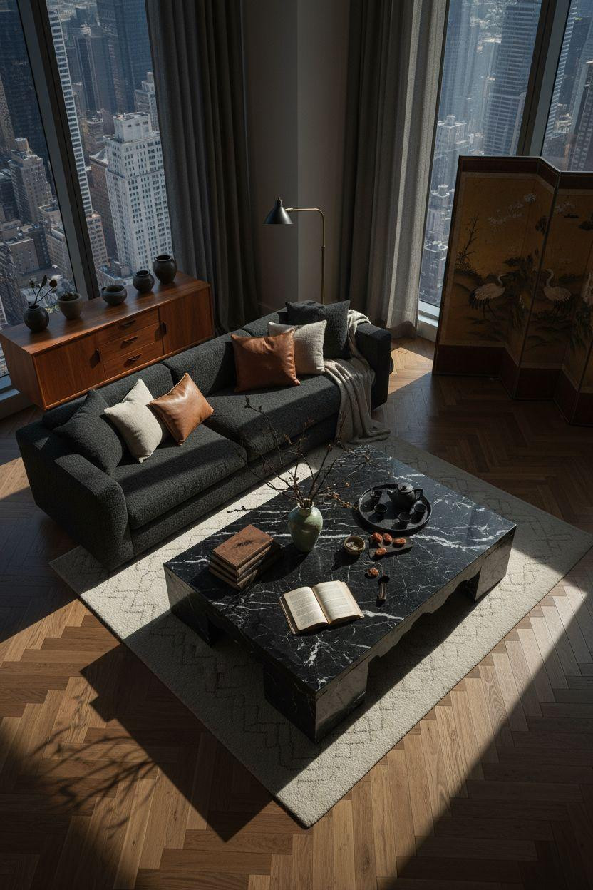 NYC penthouse luxury - Korean minimalist design with dark tones