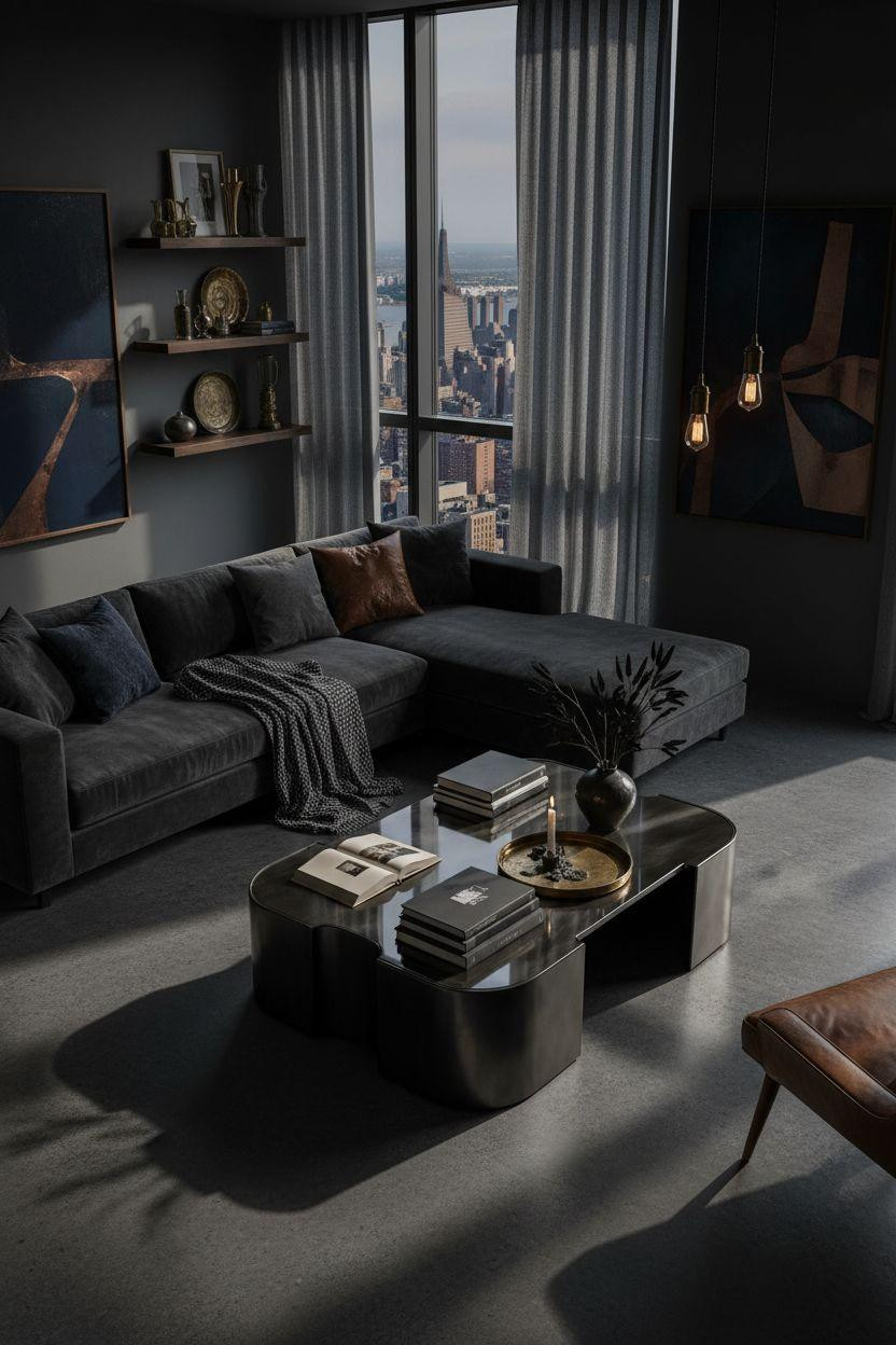 NYC penthouse luxury - moody living room with metallic details