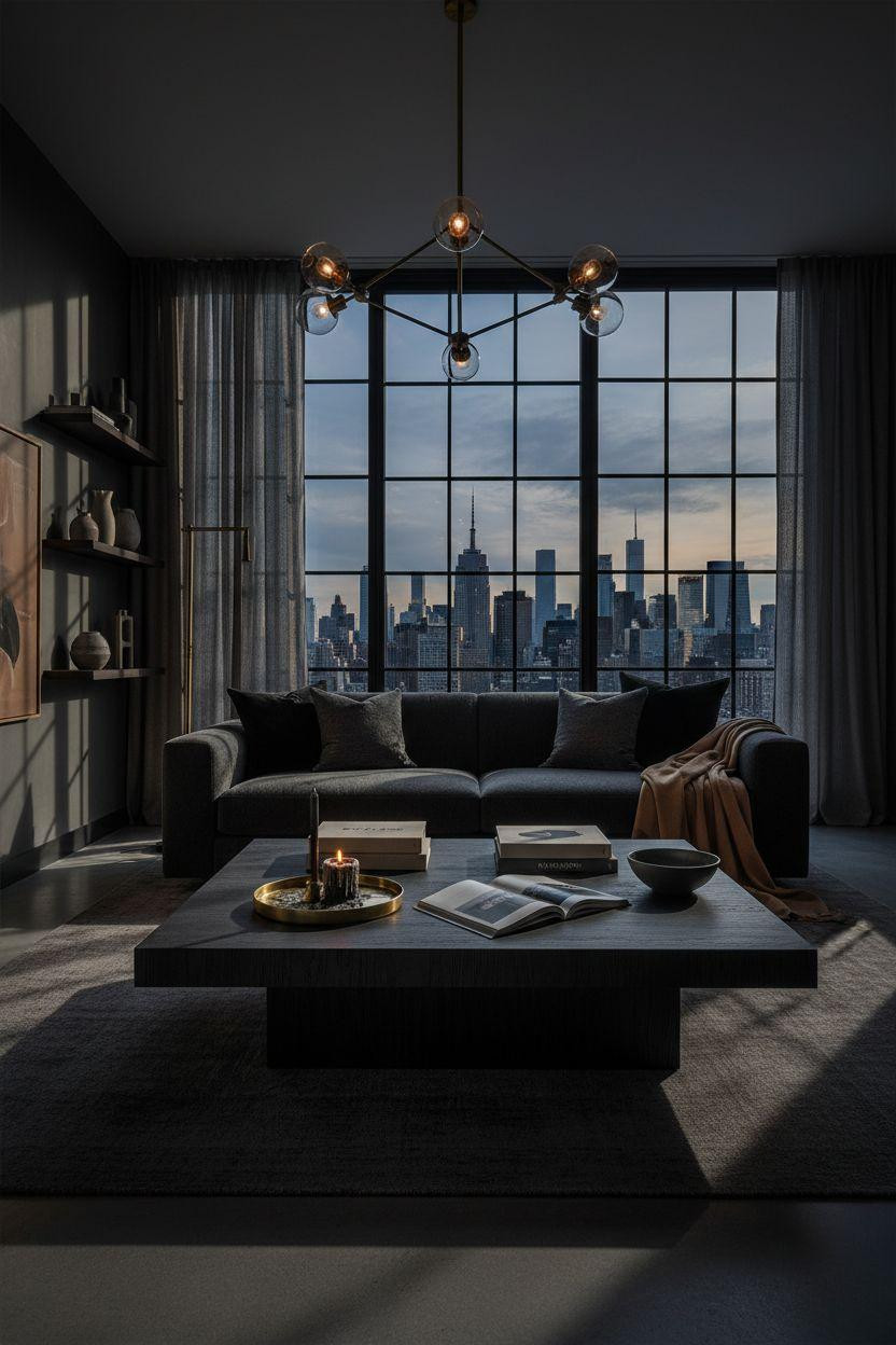 NYC penthouse luxury - modern industrial living room with city views