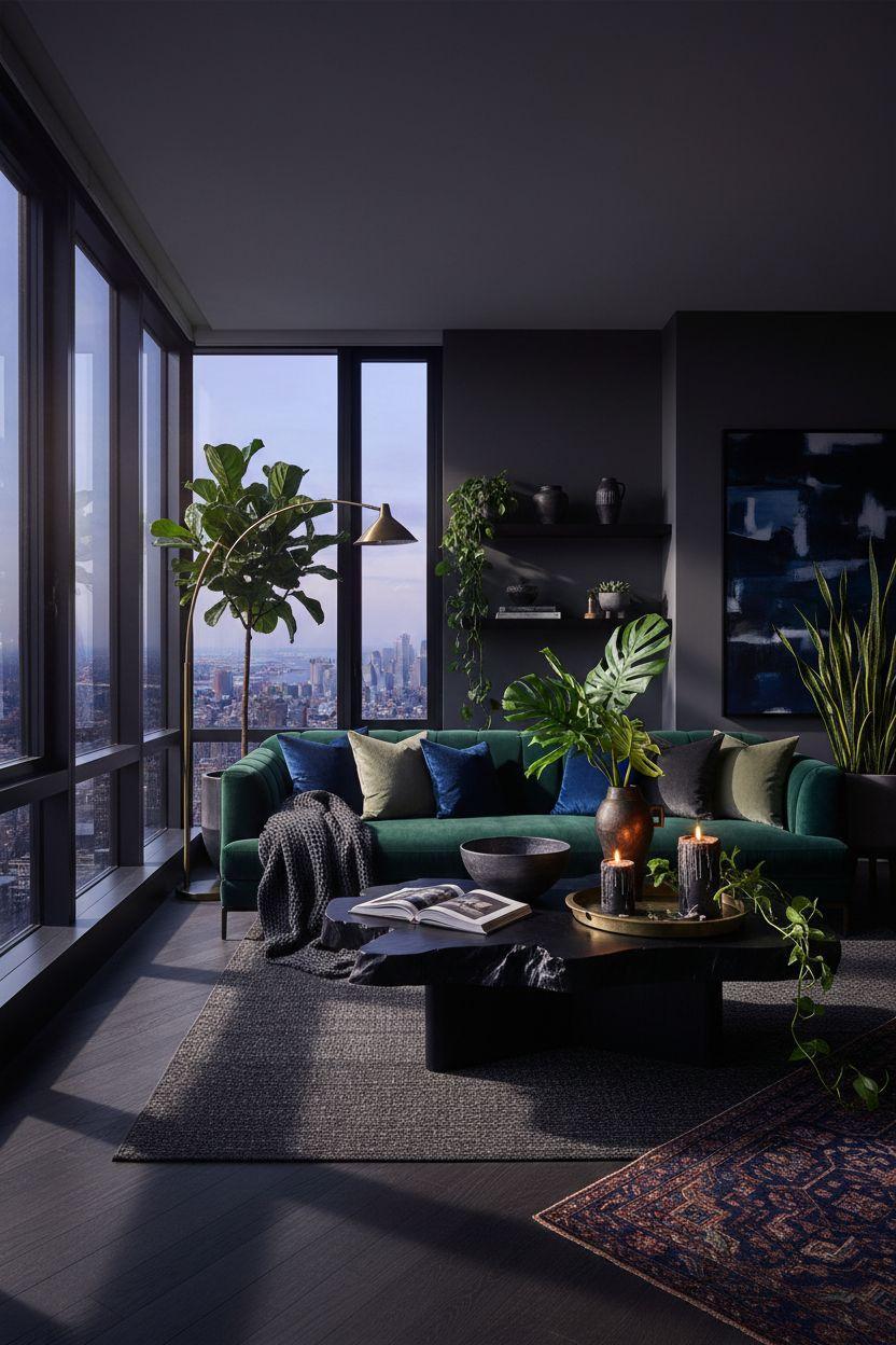 NYC penthouse luxury - dark elegant space with lush greenery
