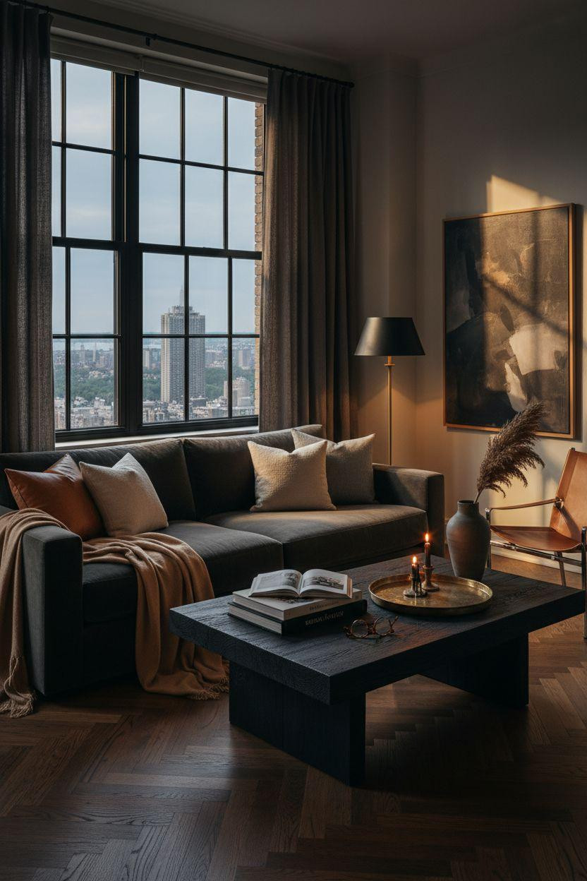 NYC penthouse luxury - cozy dark living room with textured layers