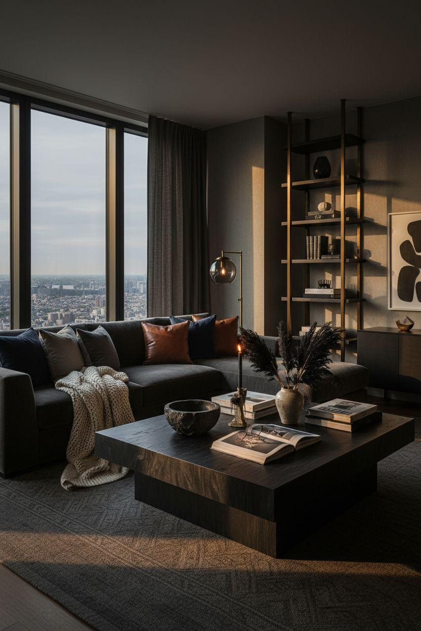 NYC penthouse luxury - rich dark living room with leather accents