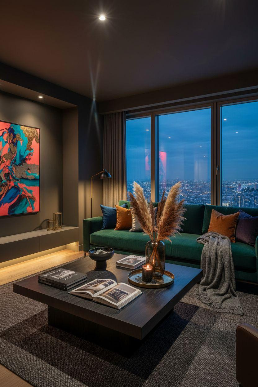 NYC penthouse luxury - dramatic Manhattan living room at twilight