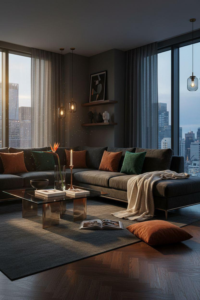 NYC penthouse luxury - elegant dark room with vibrant color pops