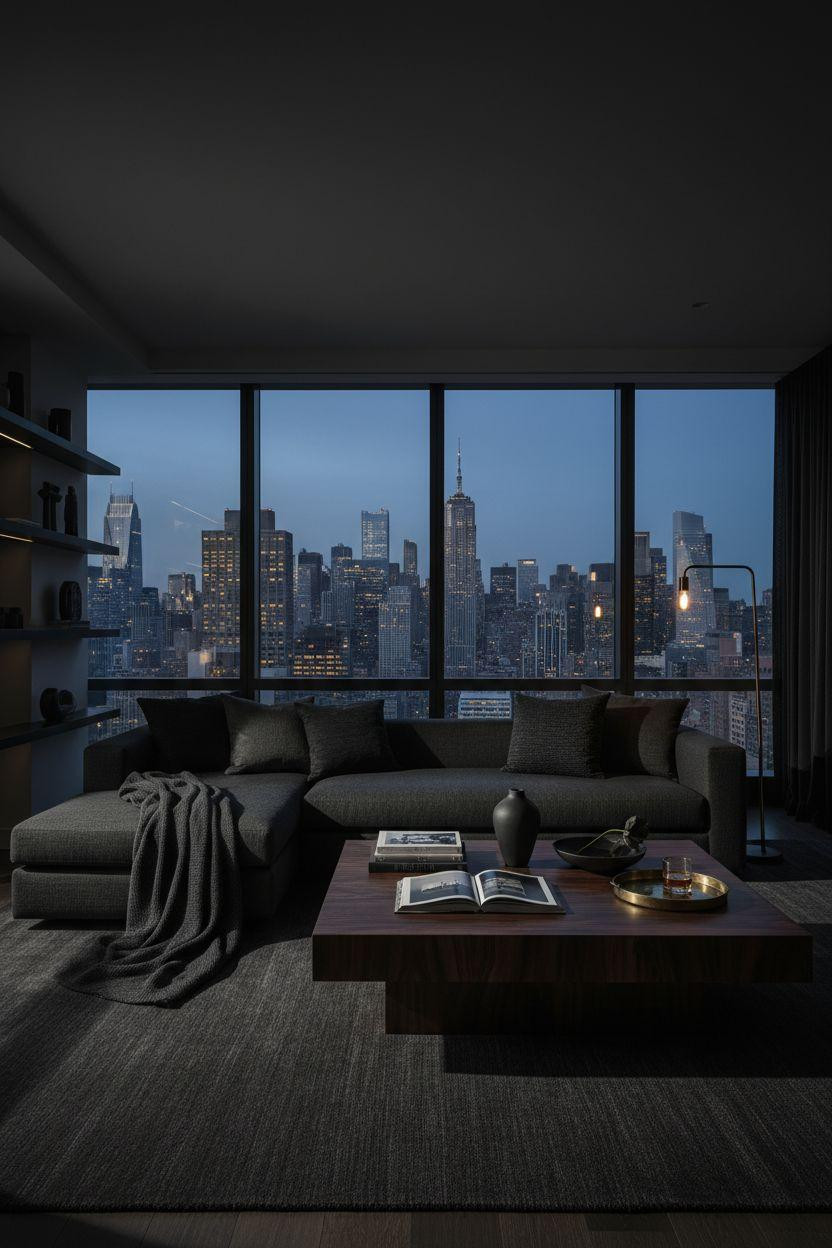 NYC penthouse luxury - sophisticated dark space with Manhattan skyline