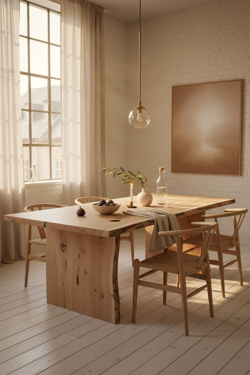 Oak Dining Table - Minimalist live-edge oak with neutral styling