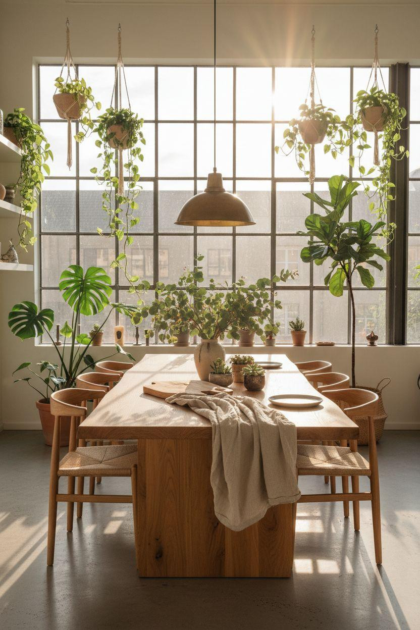 Oak Dining Table - Scandinavian setup with oak table and abundant plants