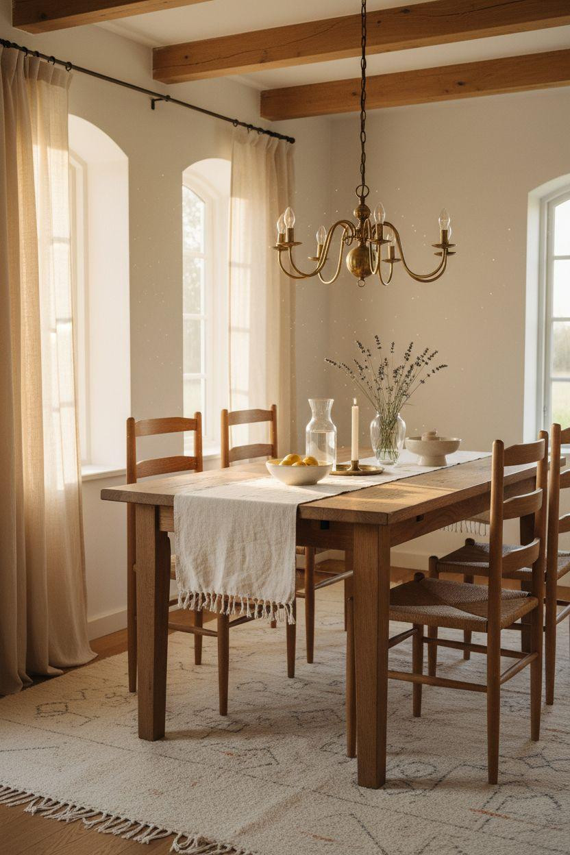 Oak Dining Table - Scandinavian cottage with simple oak and statement lighting