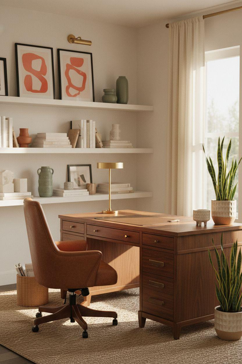 Office room ideas featuring walnut desk with sage and coral accents