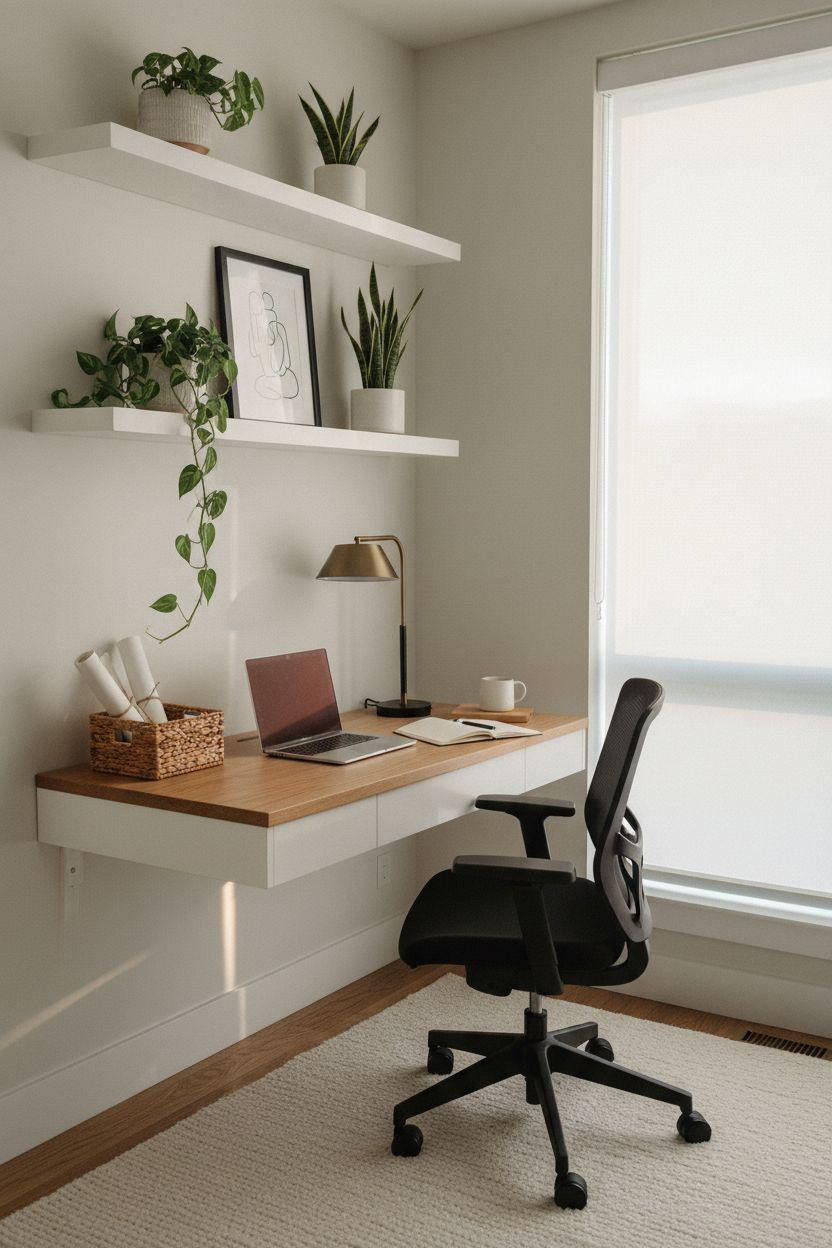 Office room ideas showing floating white desk with oak top