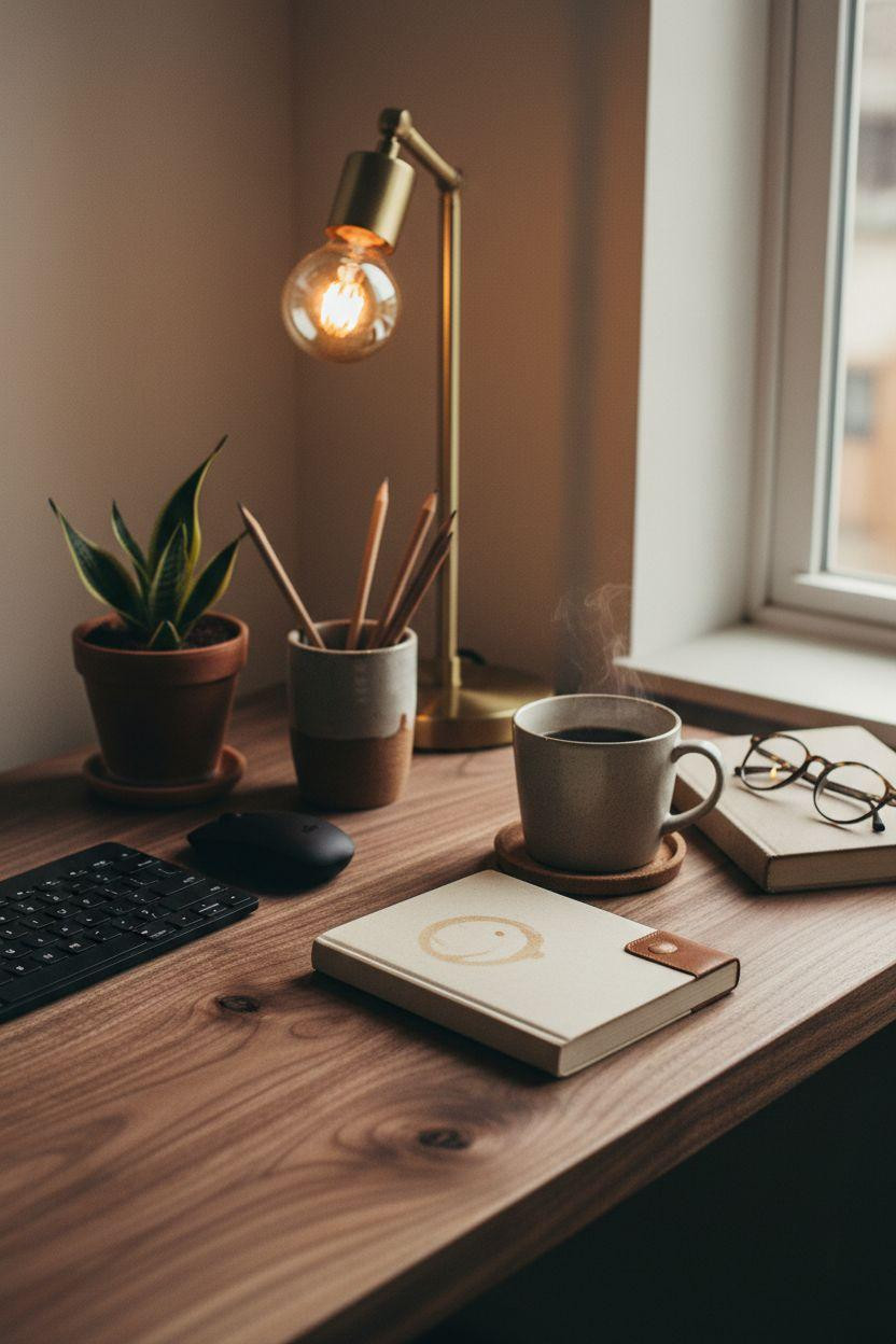 Office room ideas showcasing walnut wood grain and brass desk lamp