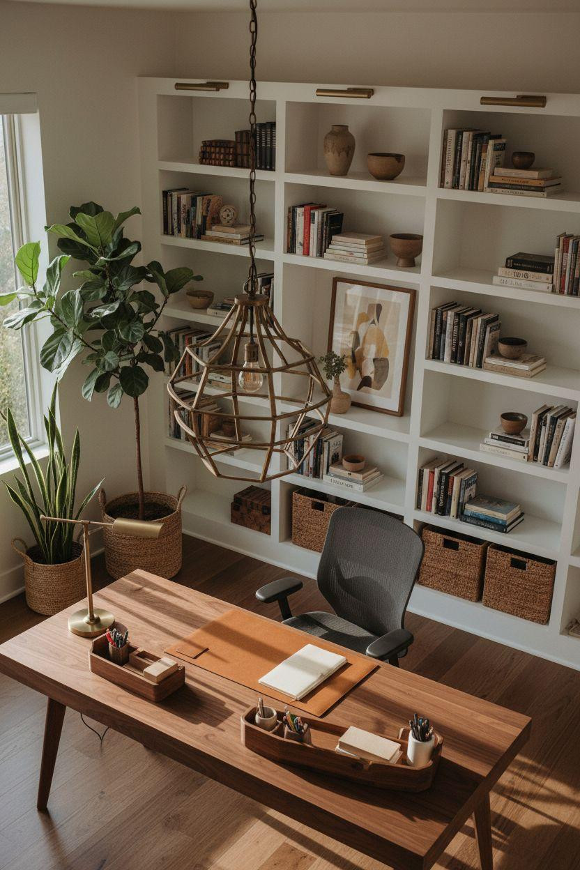 Office room ideas featuring sculptural brass pendant and built-in shelving