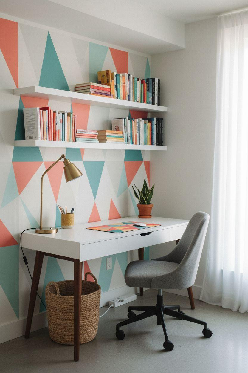 Office room ideas with geometric coral and teal wall art
