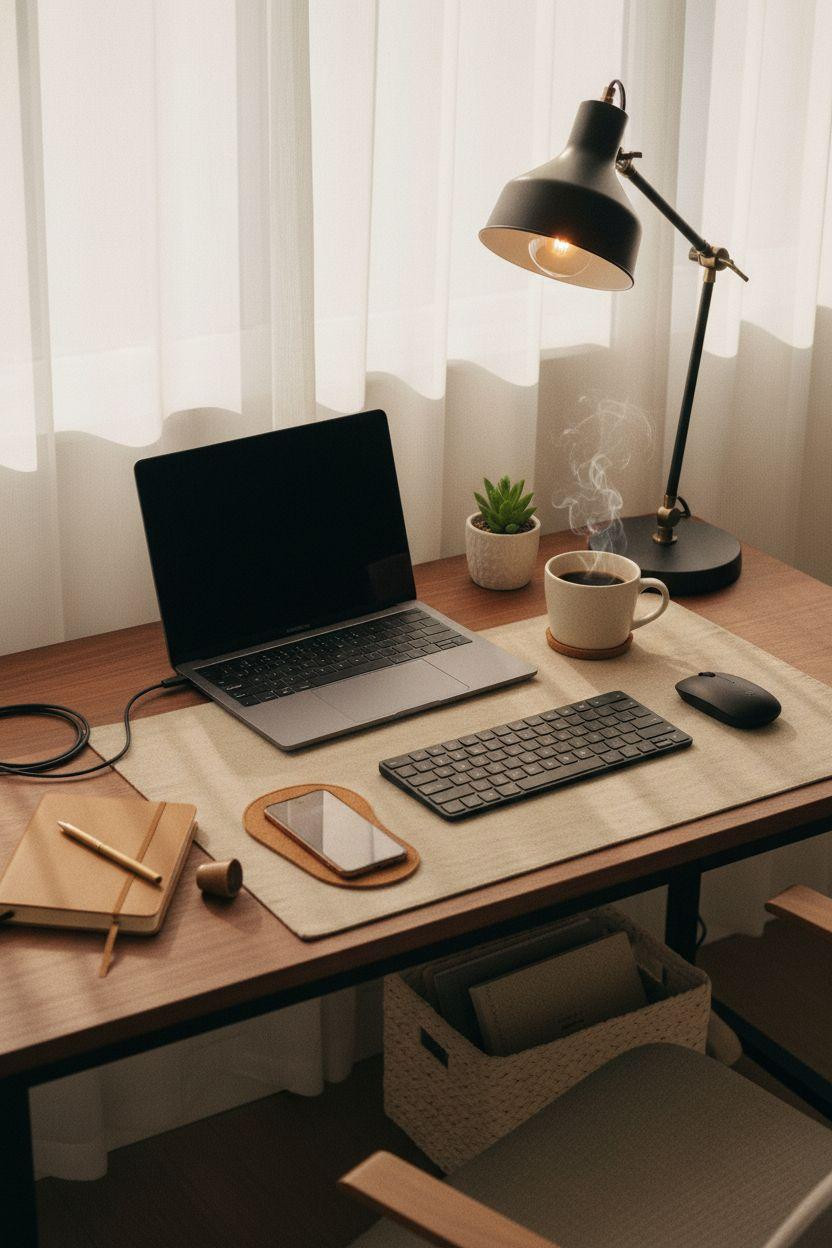 Office room ideas showing minimalist desk with laptop and coffee mug