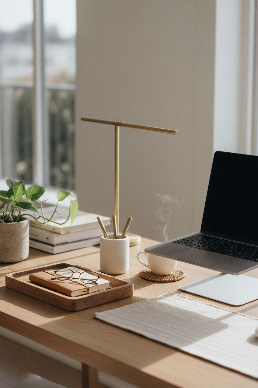 Office room ideas featuring white ceramic organizer and oak desk accessories