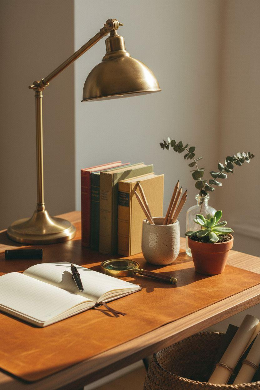 Office room ideas showcasing vintage desk with leather pad and brass lamp