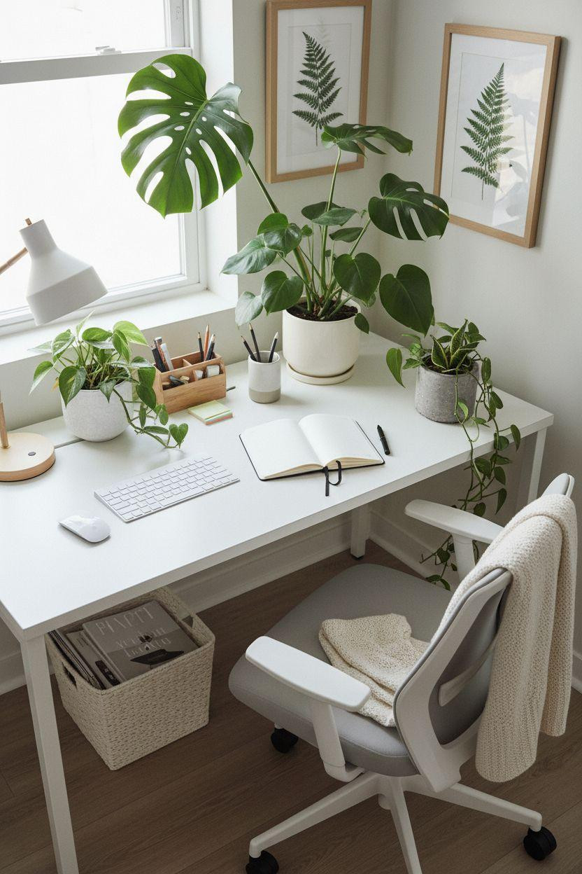 Office room ideas featuring white desk with greenery and natural lighting