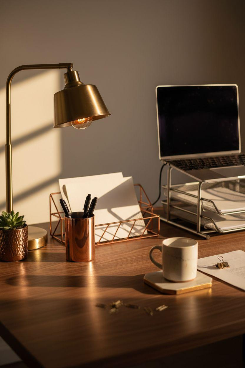 Office room ideas with brass lamp and metallic desk accessories