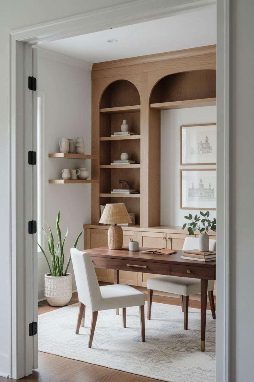 Office room ideas showing custom built-in oak shelving with arched design