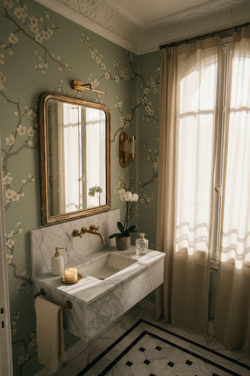 Powder Room Ideas - black and white marble geometric floor