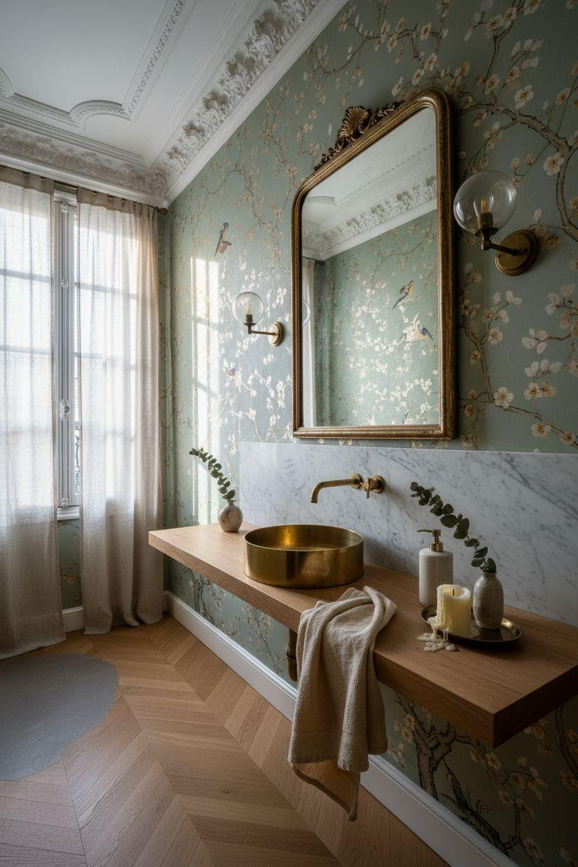 Powder Room Ideas - chinoiserie wallpaper with herringbone oak