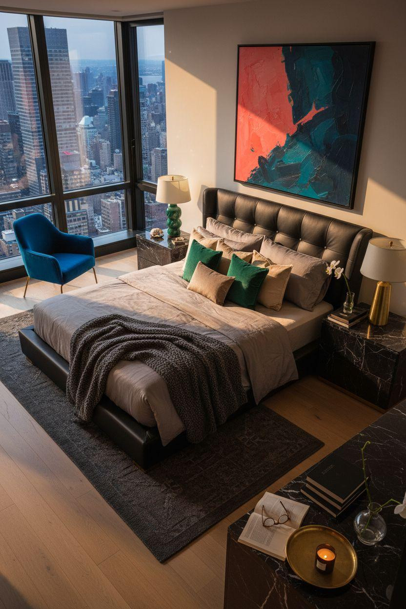Penthouse Bedroom Ideas - cobalt and coral accents with black marble