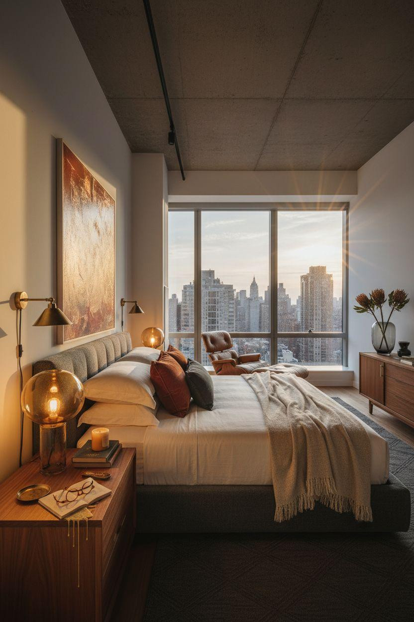 Penthouse Bedroom Ideas - exposed concrete with cognac leather