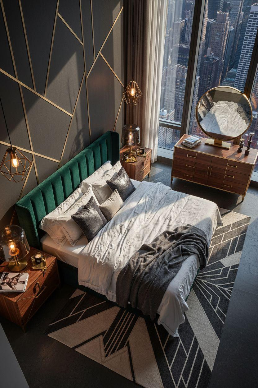 Penthouse Bedroom Ideas - angular designs with metallic inlay