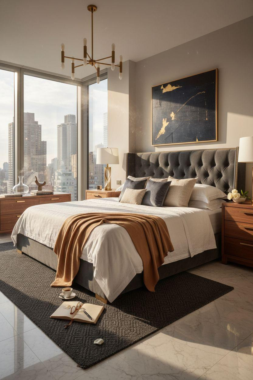 Penthouse Bedroom Ideas - modern neutral palette with brass accents