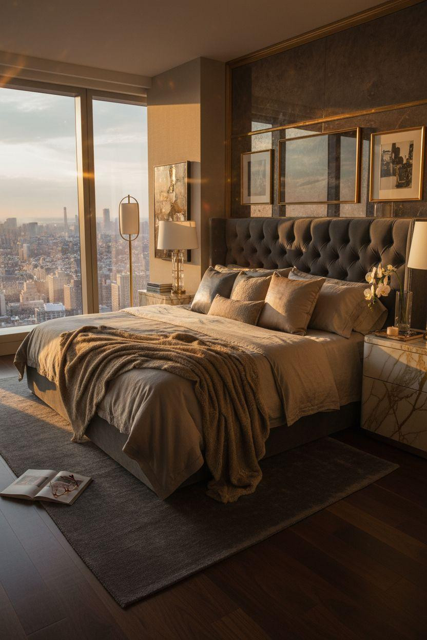 Penthouse Bedroom Ideas - champagne gold and marble luxury