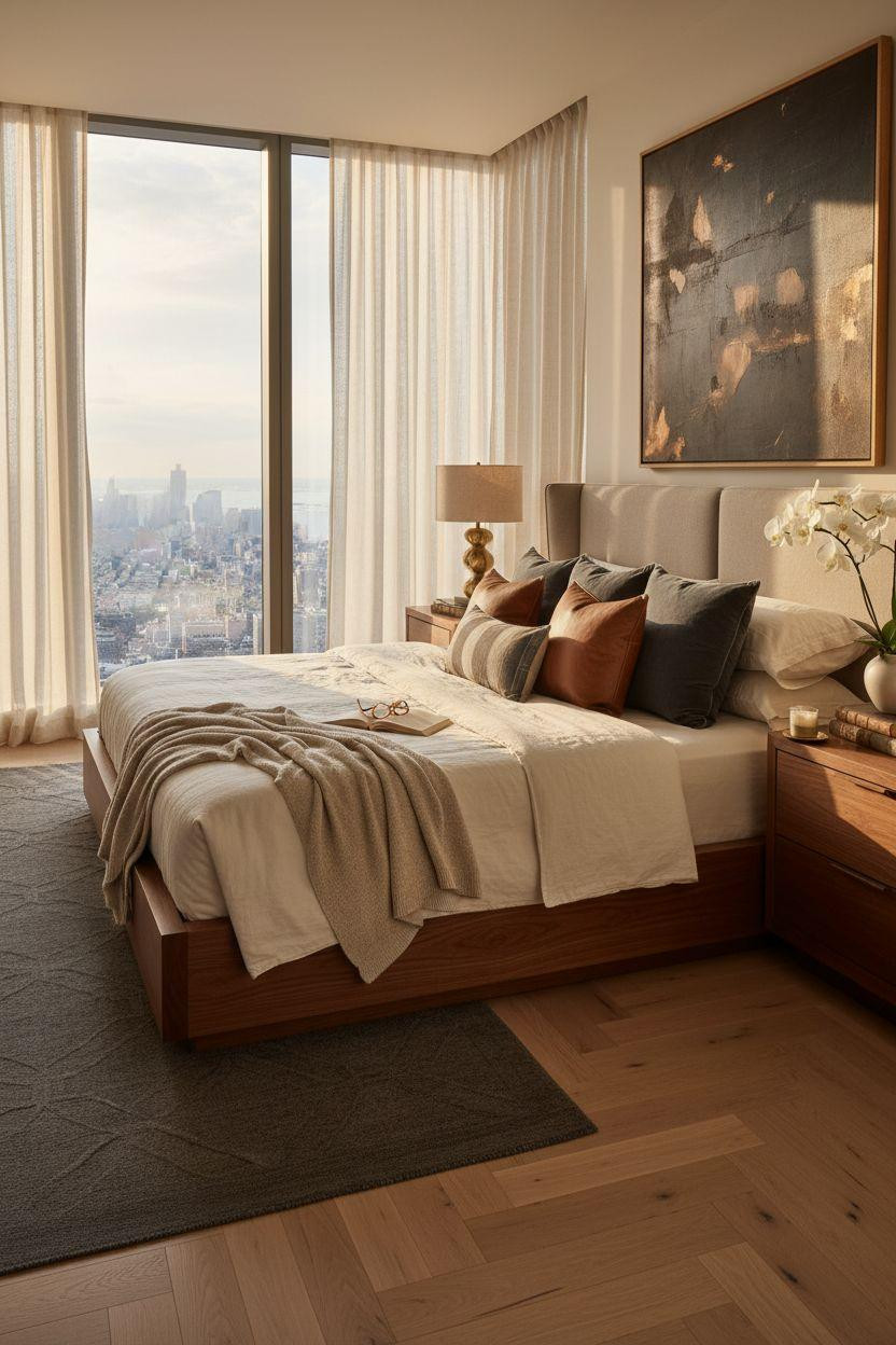 Penthouse Bedroom Ideas - organic wood grain with city backdrop