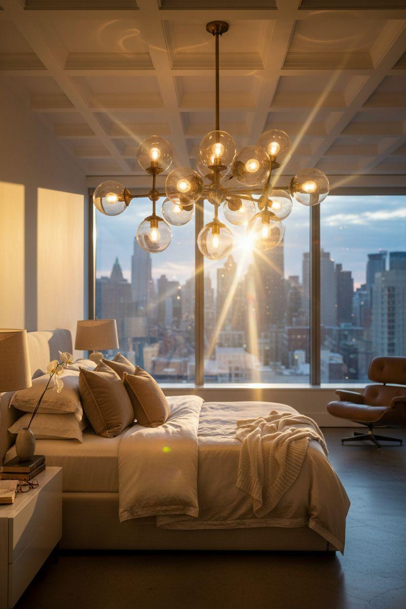 Penthouse Bedroom Ideas - sculptural brass chandelier focal point