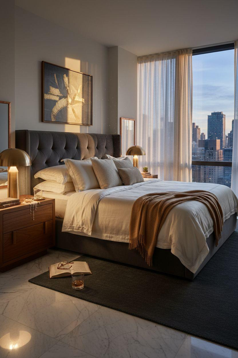 Penthouse Bedroom Ideas - emerald accents in high-rise setting