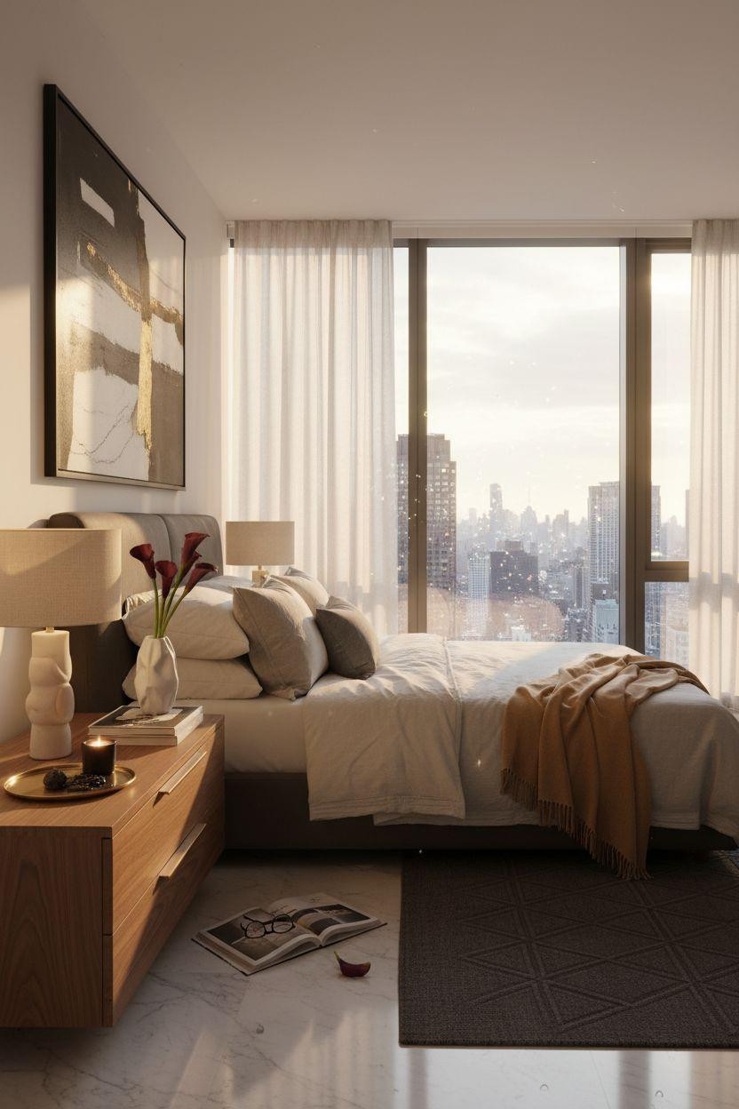 Penthouse Bedroom Ideas - sleek marble floors with textured bedding