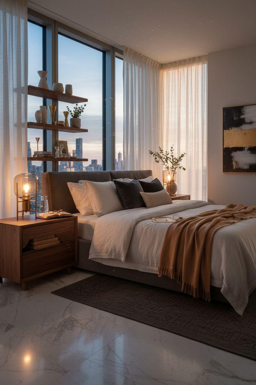 Penthouse Bedroom Ideas - dramatic city views with warm textures