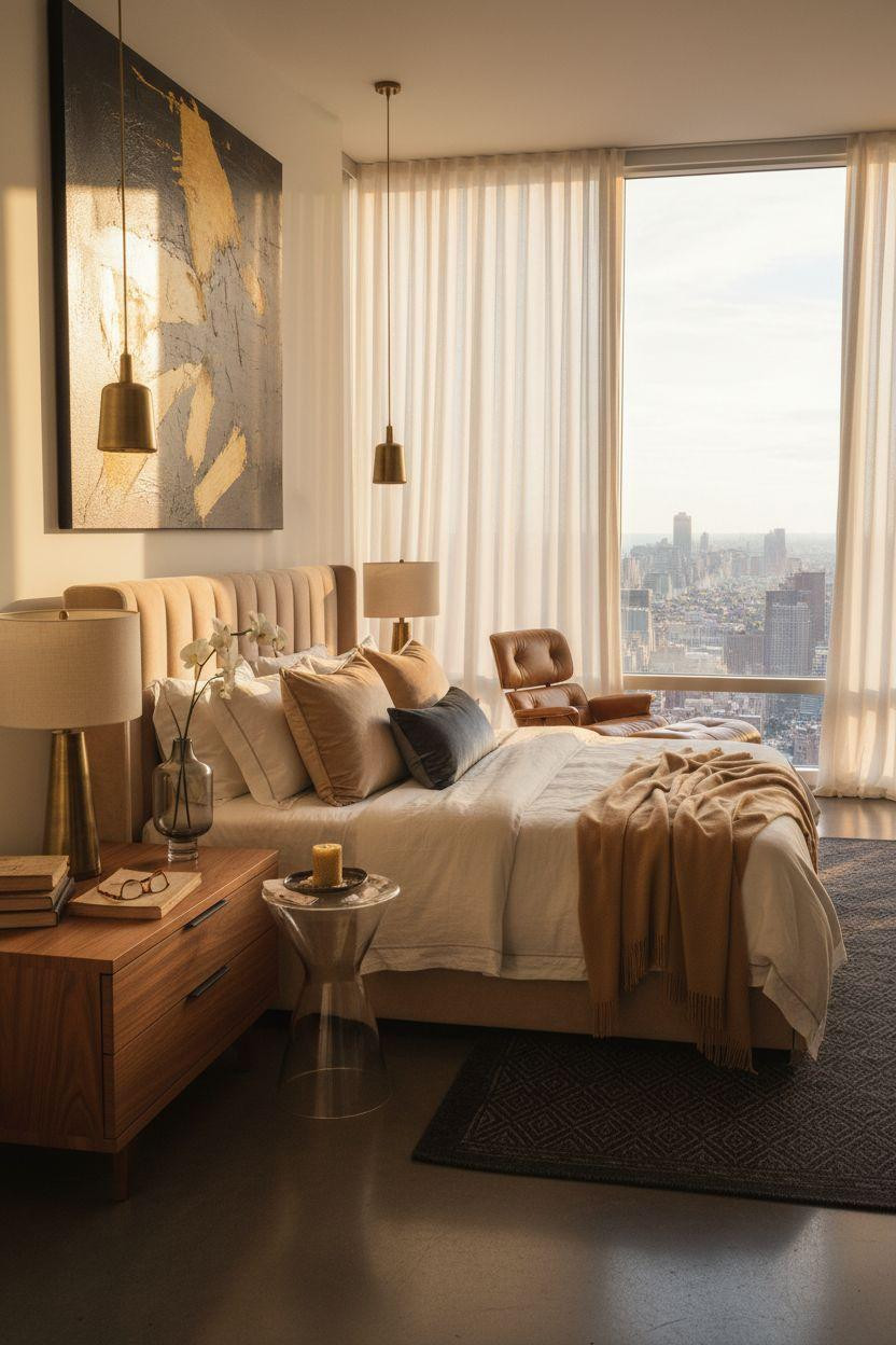 Penthouse Bedroom Ideas - tufted velvet in warm champagne