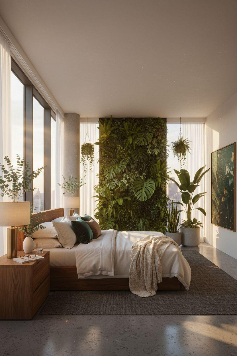 Penthouse Bedroom Ideas - floor-to-ceiling plant wall feature