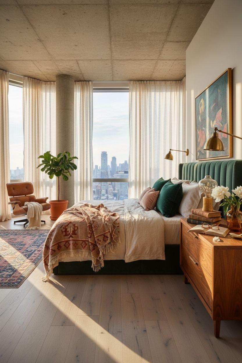 Penthouse Bedroom Ideas - emerald velvet with Persian rug