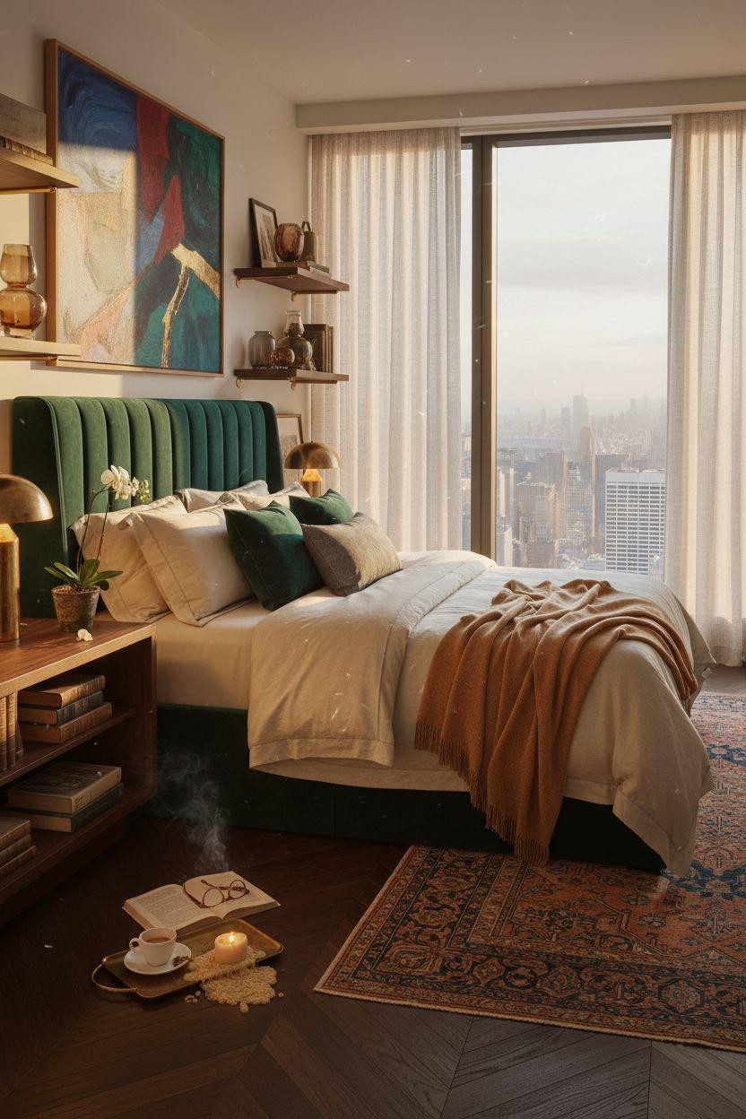 Penthouse Bedroom Ideas - floating walnut shelves with glass objects